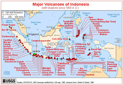 kaart van vulkaanuitbarstingen in Indonesiue sinds 1900